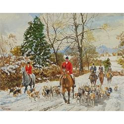 Reginald Llewellyn Harvey (British 1888-1973): Hunting in Winter, pair oils on canvas signed 24cm x 29cm (2)