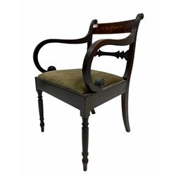 Edwardian mahogany elbow chair, the crest rail with boxwood urn and floral marquetry inlay, reeded and scrolled arm rests, drop in upholstered seat pad, raised on turned front supports W52cm