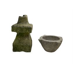 18th to 19th century limestone finial (W24cm H45cm); and early 20th century fossil marble mortar (W34cm H17cm) (2)
