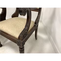 Pair of Regency design simulated rosewood elbow chairs, fluted frame with scrolled open arm rests, back and drop in seat upholstered in cream damask fabric, raised on reeded tapered front supports W56cm