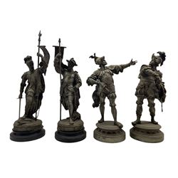 Pair of spelter figures 'Pizarre' and 'Cortez' H65cm and another pair of continental knights H55cm