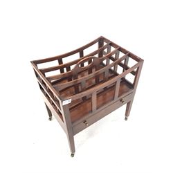 Quality Regency style mahogany Canterbury magazine rack with three divisions over single drawer, raised on square tapered supports with brass cup castors W45cm