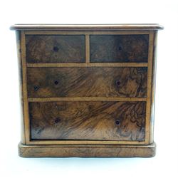 Victorian figured walnut trinket chest of two long and two short drawers on a plinth base W43cm