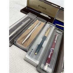 Parker ballpoint with 12ct thrust device, 25 Flighter Roller Ball pen, Prince and Princess of Wales 1981commemorative Parker ballpoint pen together with others all boxed (9)
