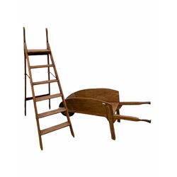 Rustic fruitwood wheel barrow (L162cm) together with a vintage five rung step ladder (H177cm)