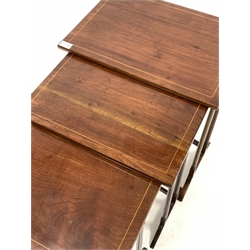 Georgian style mahogany nest of three tables, each top with box wood string inlay, raised on slender ring turned supports terminating in sledge feet