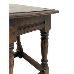 Pair of oak joint coffin stools, moulded rectangular top over moulded frieze rails, pegged turned supports united by stretchers