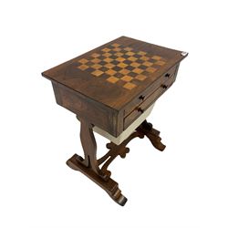 Victorian rosewood games table, the chessboard top over two small drawers and one drawer for sewing accoutrements, together with a mahogany music stool 