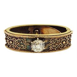 Victorian gold filigree design scarf ring, set with a single old cut diamond, stamped 15ct, diamond approx 0.75 carat
