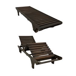 Pair of wooden adjustable sun loungers on set of wheels W H D