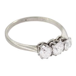 Early-mid 20th century platinum three stone old cut diamond ring, total diamond weight approx 0.95 carat