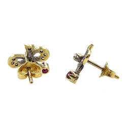 Pair of 17ct gold diamond and ruby bow stud earrings