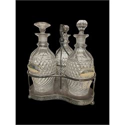 Victorian silver-plated three-bottle decanter stand with greek key decoration 