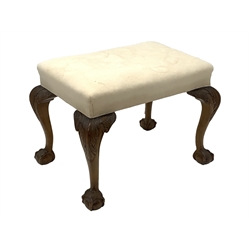 20th century walnut footstool, raised on acanthus leaf carved cabriole supports with ball and claw feet, ready for covering