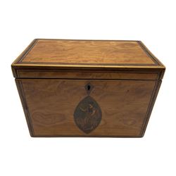 George III satinwood tea caddy with rosewood banding, the front inlaid with a navette shape panel depicting Britannia, the interior with two lidded containers W21cm
