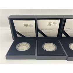 Four The Royal Mint United Kingdom silver proof five pound coins, comprising 2008 'His Royal Highness The Prince of Wales', 2008 'Queen Elizabeth I' piedfort, 2009 'Henry VIII' and 2010 'Restoration of the Monarchy', all cased with certificates (4)