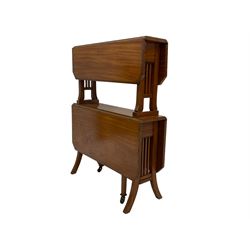 Edwardian two-tier satinwood Sutherland table or etagere, the rectangular crossbanded drop-leaf tops with canted corners and ebony stringing, splayed square shaped end supports and inner gates on castors