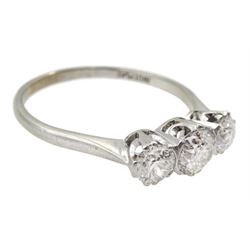 Early-mid 20th century white gold three stone old cut diamond ring, stamped 18ct Plat, total diamond weight approx 1.35 carat