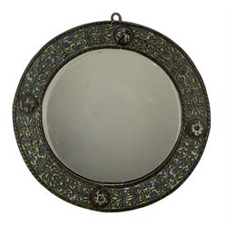 Eastern bronze and enamel mirror decorated in relief with trailing foliage and four applied roundels, within gadrooned borders, with bevelled circular glass plate, D48cm