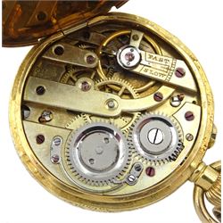 Early 20th century 18ct gold keyless cylinder ladies pocket watch by Baume & Co, white enamel dial with Roman numerals, the back case with engraved decoration and cartouche, stamped 18K