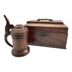 Early19th century mahogany tea caddy with divided interior L24 cm and a treen lidded mug H15cm