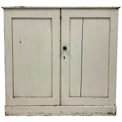 19th century painted pine cupboard, moulded rectangular top over two panelled doors, on skirted base
