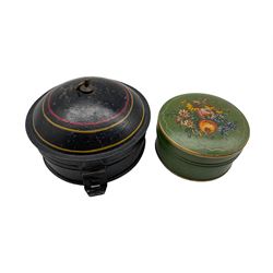 Georgian black toleware spice box of circular form with hinged cover revealing six compartments and central nutmeg grater, D17.5cm together with a Barge ware painted tin box (2)
