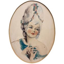 English School (Early 20th century): Stylised Portrait of Marie Antoinette, oval watercolour unsigned in French style frame 28cm x 20cm