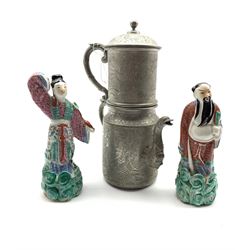 Pair of Chinese Republic male and female standing figures H17cm with pad marks to base and a Wahlee pewter coffee pot