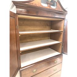 George III style mahogany linen press, swan neck pediment over two fielded panelled doors enclosing two shelves, three graduated drawers under, raised on splayed supports W113cm, H212cm, D53cm