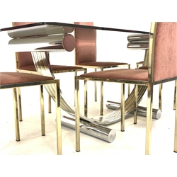 Renato Zevi for Zevi & Co - 1970's Italian chrome dining table, smoked and bevelled glass top raised on parcel gilt ribbed 'U' shaped support (195cm x 100cm, H70cm) and a set of six gilded metal framed chairs upholstered in rust coloured fabric, the square section frame with straight top rail, padded seat and back (seat height - 47cm, total height - 113cm)