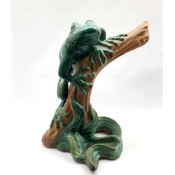 Large glazed and terracotta figure of a frog on a reed H57cm