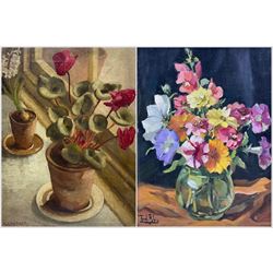 A Charles (British Early 20th Century): Potted Flowers, oil on canvas signed 46cm x 35cm (unframed); Fred B* (British 20th Century): Fresh Flowers, oil on board indistinctly signed 23cm x 18cm (2)