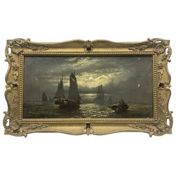 English School (19th century): Dutch Fishermen at Moonlight, oil on canvas indistinctly signed 19cm x 40cm