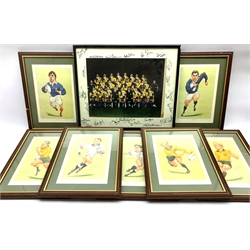 Framed picture of Leeds Rhinos 1970's /80's bearing numerous signatures to the mount and seven framed limited edition caricature prints of rugby players after Ireland, including Will Carling, Rory Underwood etc each signed to the mount by the artist and numbered 117/850