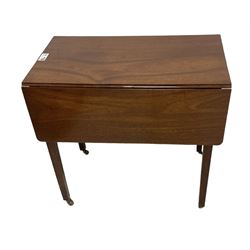 George III mahogany Pembroke table, drop-leaf rectangular top over single end drawer, square tapering supports on brass castors