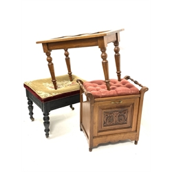 Late Victorian walnut stool, upholstered top, fall front correspondents shelving, turned supports (W54cm, H36cm, D55cm) together with a Victorian ebonised piano stool, upholstered lifting top, supported on brass casters (W58cm,D49cm,H46cm) and a Victorian walnut luggage rack raised on turned supports (W69cm,D40cm,H48cm).
