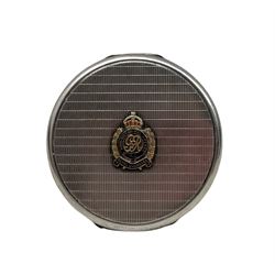 German silver engine turned compact bearing an enamelled Royal Engineers badge, stamped '935 Germany' D7cm 
