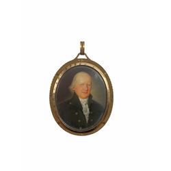 Late 18th century double sided oval miniature painted with half length portrait of an officer, possibly Prussian, the reverse with an older gentleman with a white stock and black coat, in a gilt frame 6cm x 4cm