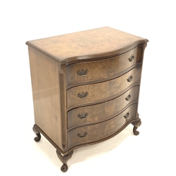 20th century burr walnut serpentine fronted chest, fitted with four drawers, enclosed by canted and fluted corners, raised on cabriole supports, W77cm, H86cm, D50cm