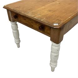 19th century pine Kitchen table, moulded rectangular top over end drawer fitted with divisions, on white painted turned supports