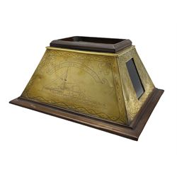 World War I brass canted rectangular cigar box, three sides with glazed panels and engraved flowers, the fourth engraved 'H.M.S. Hercules 1914 North Sea, Christmas', and with the dreadnought battleship beneath with lift off top H15cm x W28cm