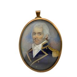 19th century oval portrait miniature, watercolour on ivory of a Naval officer 7cm x 5.5cm. This item has been registered for sale under Section 10 of the APHA Ivory Act