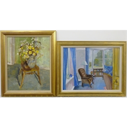 Anne Williams (British 20th century): 'Chair with Honesty' and 'Sitting Room', two oils on board signed, titled on labels verso, each 39cm x 49cm (2) 
Provenance: direct from the artist's family. Anne was a local artist who lived at Malton and later York.