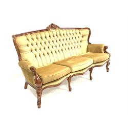 French style beech framed three seat sofa, button back upholstery, raised on four shaped front supports L200cm