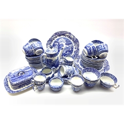 Quantity of Spode's Italian pattern blue and white tea and coffee ware including seven coffee cups, six saucers, coffee pot, ten tea cups and saucers, fifteen tea plates, six square tea plates , butter dish and cover, cream jug, two sugar bowls and five bread and butter/cake plates (54)