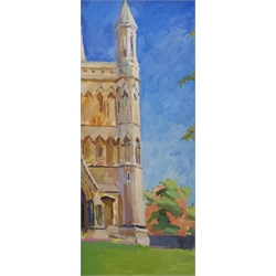 Pamela Chard (British 1926-2003): West Porch St Albans Cathedral 65cm x 28cm, oil on board unsigned
Provenance: studio collection of the late William Chard, the artist's husband
Notes: Chard was a British artist and teacher married to fellow artist William Chard (1923-2020). The couple met at the Redfern Gallery in Cork Street, London, and went on to study under several important artists  such as Henry Moore, Ceri Richards, and Vivian Pitchforth. They were both active members of 'The Arts Council of Great Britain', and exhibited with the London Group and Drian Gallery.