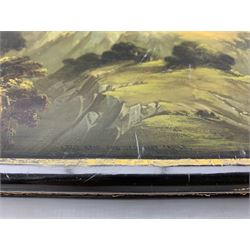 Victorian papier mache writing slope by Jennens & Bettridge with gilt decoration on black ground, the top painted with a scene depicting 'Loch Ness and Urquhart Castle' inlaid with mother of pearl, the interior lined with red velvet, stamped to the base