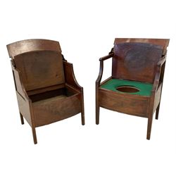 George III mahogany night commodes, bow-front hinged top over the lift-over seat compartment, raised on square supports (W55cm D47cm H73cm); together with another similar (W58cm D48cm H80cm)