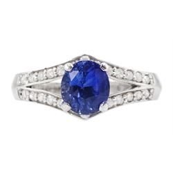 White gold oval cut sapphire ring, with diamond set shoulders, hallmarked 14ct, sapphire approx 1.00 carat